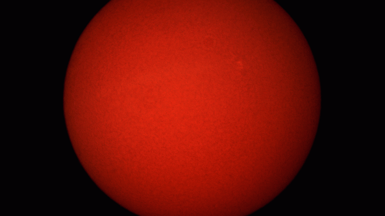 Aufgenommen mit einem Teleskop für H-Alpha-Licht, einem PST-Sonnenteleskop mit 4cm Öffnung, daher die rote Farbe der Sonne. 1 pic0230_pipp.gif
