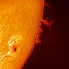 AR 14079 mit Protuberanz in H-Alpha am 09-05-25 mit Bresserumbau - PST und 178MM um 14 15 MESZ  Webversion
